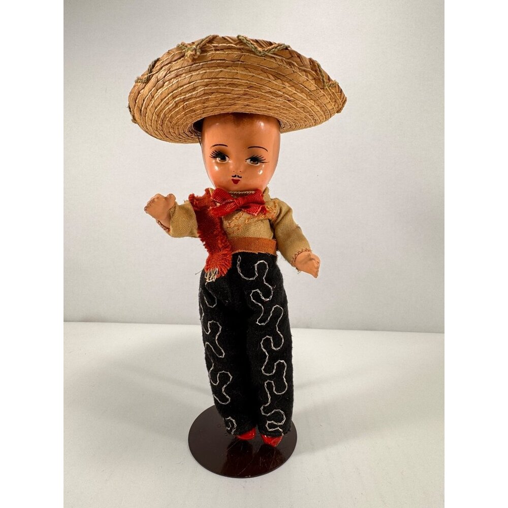 Vintage Mexican Charro Doll Straw Sombrero Hat Felt Pants Folk Art Latin Decor